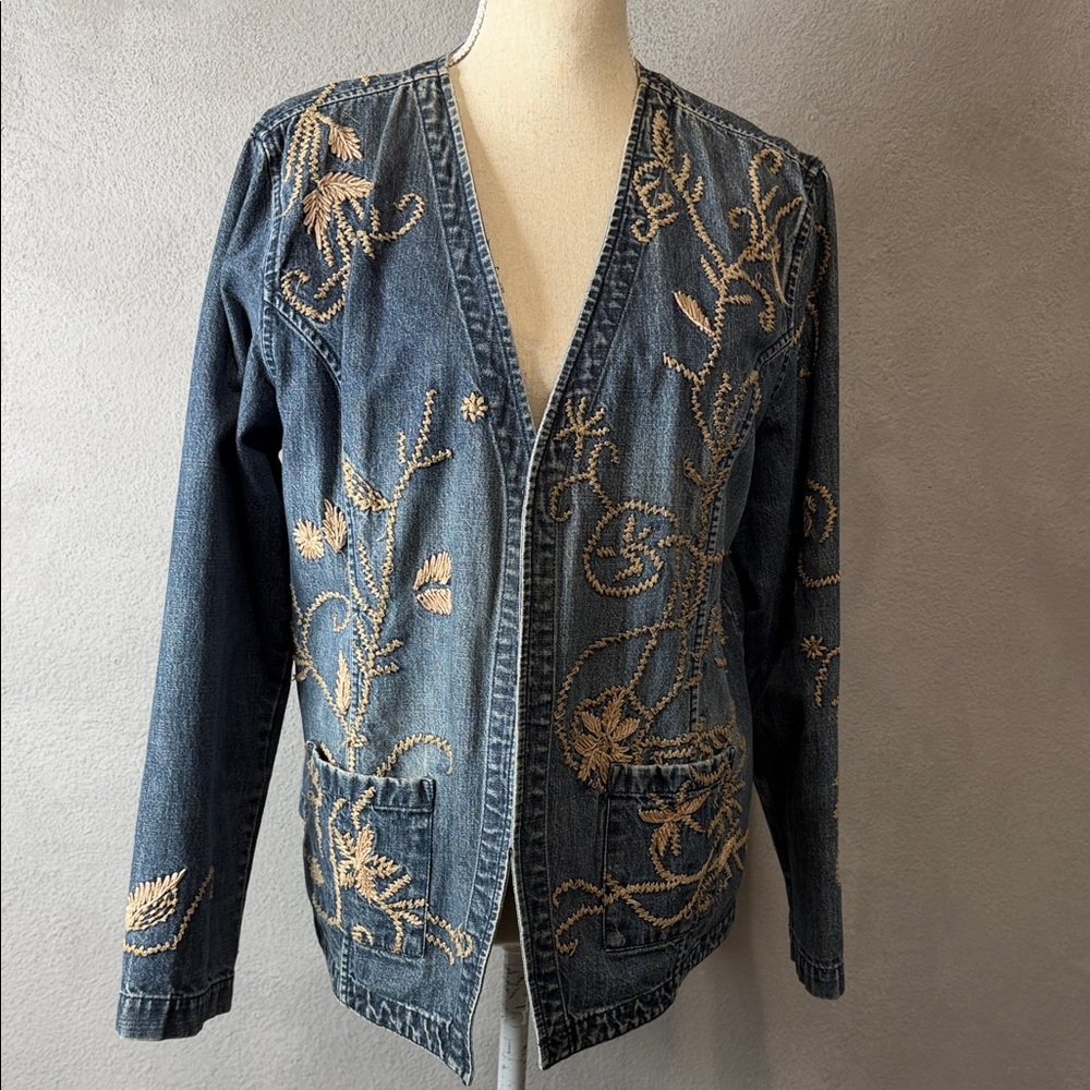 Chico's Blue Embroidered Jean Jacket